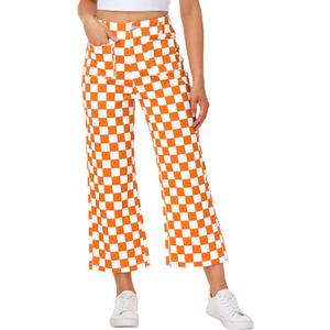 Women Checkered Cropped Jeans Straight Leg Stretchy Denim Pants with Pockets (X-Large, Orange White)