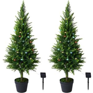 2 Packs of Fake Cypress Plants with Lights, 4FT Artificial Cedar Pruning Tree, with Flowerpot, UV Resistant Artificial shrubs, Suitable for Outdoor and Indoor Front Porch Gardens