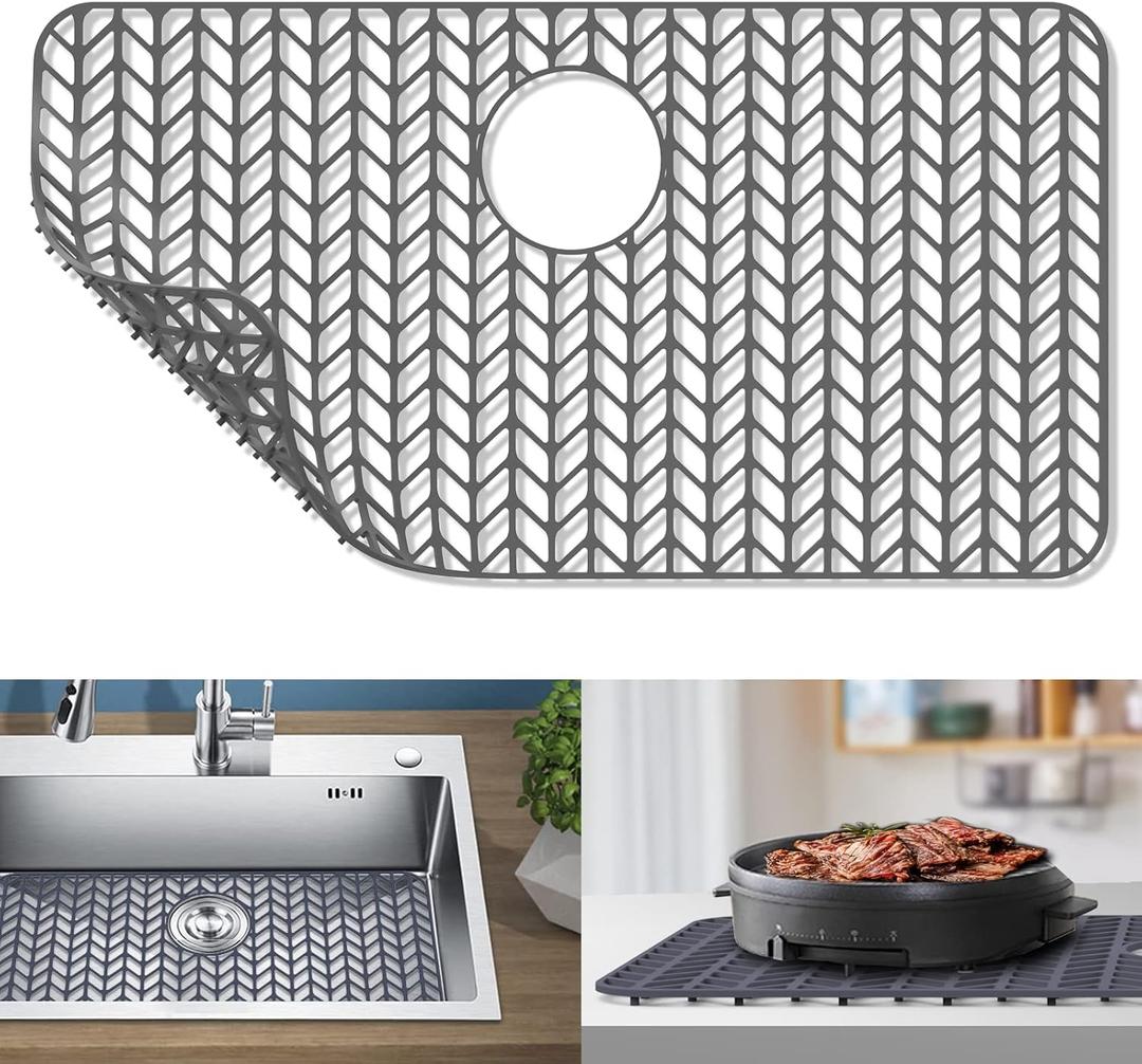 GUUKIN Sink Protectors for Kitchen Sink - 28.4"x 15.2" Silicone Kitchen Sink Mat Grid for Bottom of Farmhouse Stainless Steel Porcelain Sink with Rear Drain（Grey）, 2815B