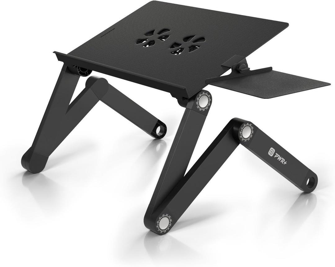 PWR+ Laptop Table Stand Adjustable Riser: Portable with Mouse Pad Fully Ergonomic Mount Ultrabook MacBook Gaming Notebook Light Weight Aluminum Black Bed Tray Desk Book Fans Up to 17 inch