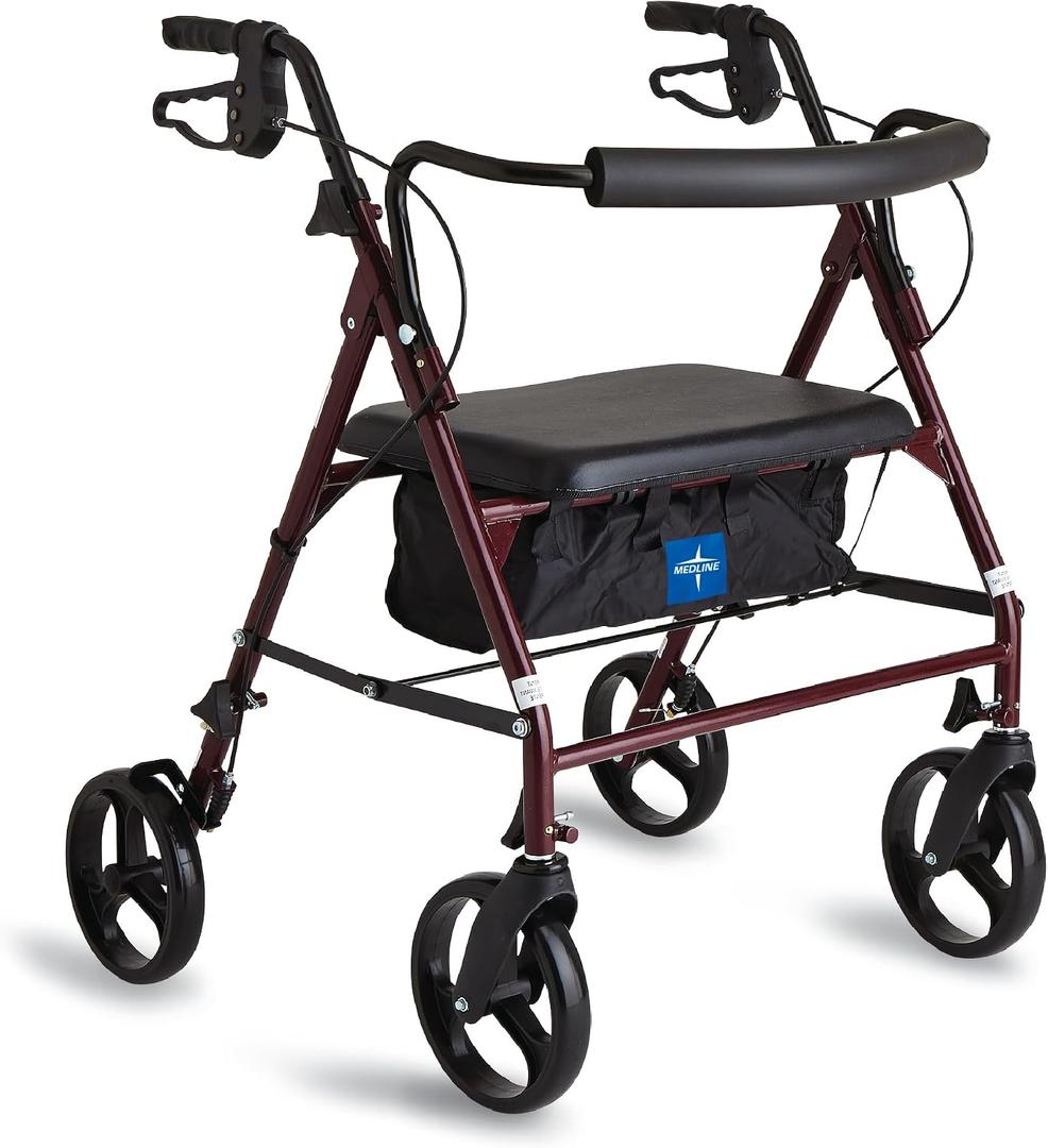 Medline Large Steel Bariatric Rollator Walker with Adjustable Handles, Padded Seat & Backrest, Burgundy, 500 lb. Weight Capacity, Foldable with Storage, 8" Wheels, Rolling Walker For Seniors & Adults