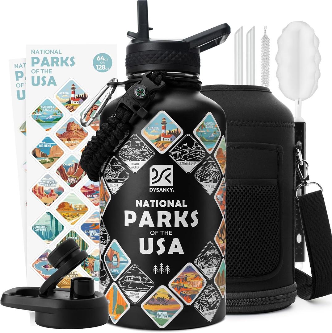 National Parks Water Bottle  64 oz Insulated Stainless Steel Bottle with 63 Hand-Drawn Park Stickers, Carrier Bag, Strap & Gift Box  BPA-Free  Ideal for Hiking, Camping & Travel (Advanced Black Park)