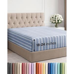 Extra Deep King Fitted Sheet - Hotel Luxury Single Fitted Sheet Only - Easily Fits 18 inch to 24 inch Mattress - Ultra Soft, Wrinkle Free with Extra Deep Pockets - Breathable & Comfy - Blue Stripes