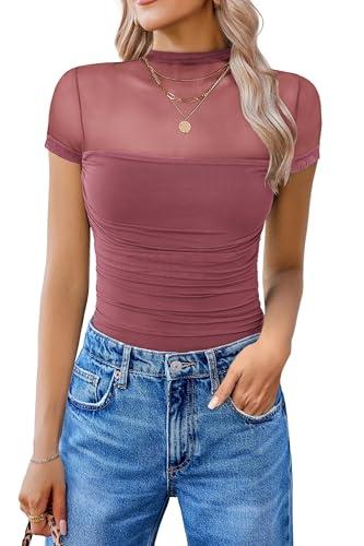 Avidlove Body Suits for Womens Short Sleeve Bodysuit Turtle Neck Mesh One Piece Going Out Tops Spring Outfits Large