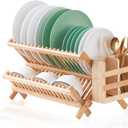 Bamboo Dish Drying Rack, 2 Tier Collapsible Dish Rack with Utensil Holder, Wooden Dish Drying Rack for Kitchen Counter, Large Folding Drying Holder, Dish Drainer 34 pcs Grid