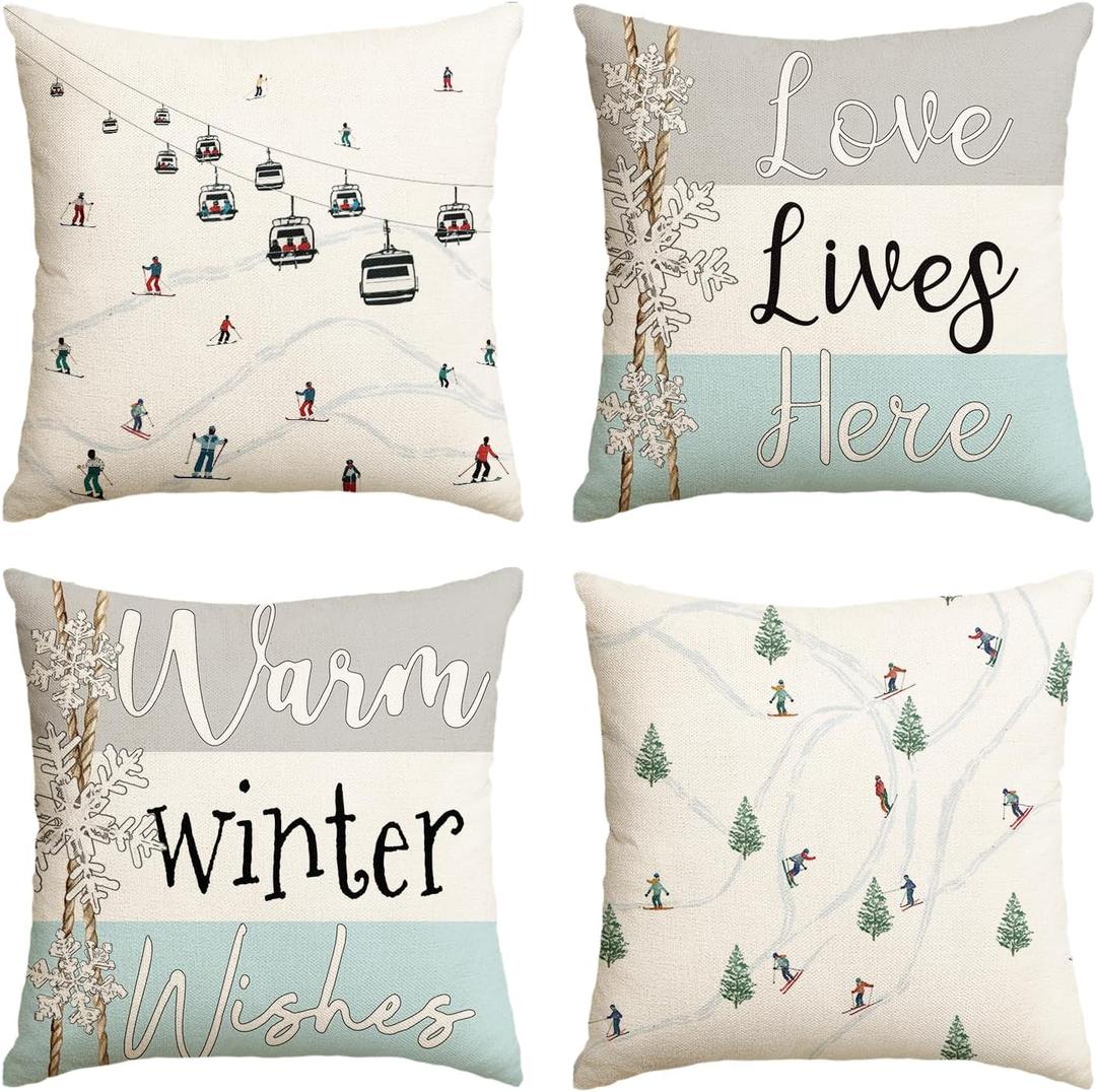 AVOIN colorlife Winter Skiers Cable Cars Snow Throw Pillow Covers, 16 x 16 Inch Warm Winter Wishes Love Lives Here Seasonal Holiday Cushion Case Decoration for Sofa Couch Set of 4