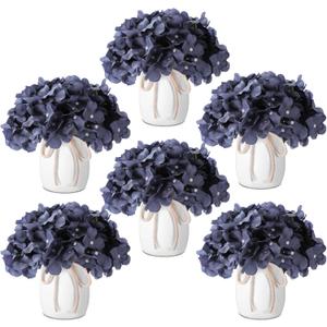Leinuosen 6 Set Artificial Hydrangea Flowers and Plastic Vases Set Centerpieces Table Decorations Silk Fake Hydrangea Full Flowers Heads with Stems Bulk for Wedding Home Baby Shower (Gray Blue)