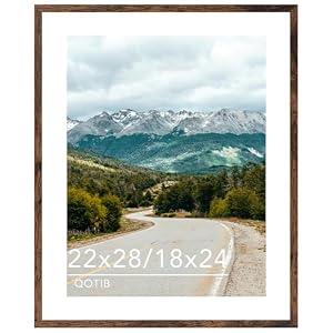 QOTIB Wood 22x28 Picture Frame with 18x24 Mat, Display 18x24 with Mat or 22x28 Without Mat, Wood 22 by 28 Photo Frame, 22 x 28 Frame for Wall Hanging Display, Deep Brown