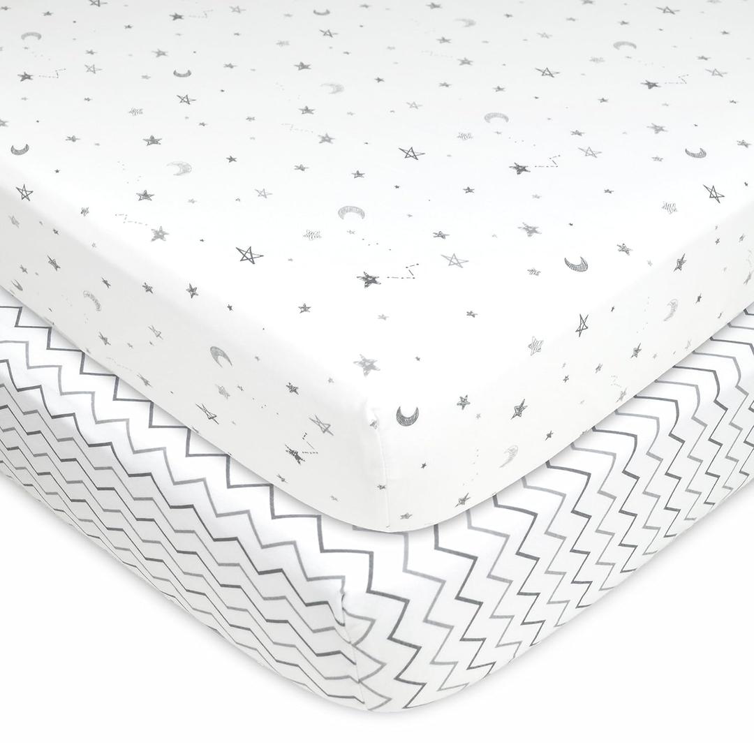 American Baby Company 2 Pack 100% Natural Cotton Fitted Crib Sheets 52" x 28" - Soft, Breathable, Hypoallergenic & Gentle Toddler Bed Sheets, Gray Star/Gray Zigzag, Neutral for Boys & Girls