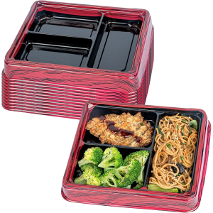 Restaurantware-Bento Tek 16.1 Ounce Meal Prep Containers, 100 Disposable To Go Food Boxes - Lids Sold Separately, 3 Compartments, Red And Black Plastic Bento Lunch Boxes, Freezable, For Take Out