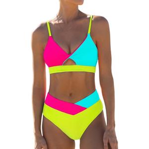 Sexybody Women' s Neon Color Block Bikini V Cut Two Piece Swimsuits High Waisted Cut Out V Neck Bathing Suit Crisscross Back (Large, 188 Multi Color)