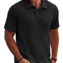 Mens Textured Polo Shirts Short Sleeve Classic Casual Collared Knit Polo Summer Golf Polo Shirts Black (Black, S)