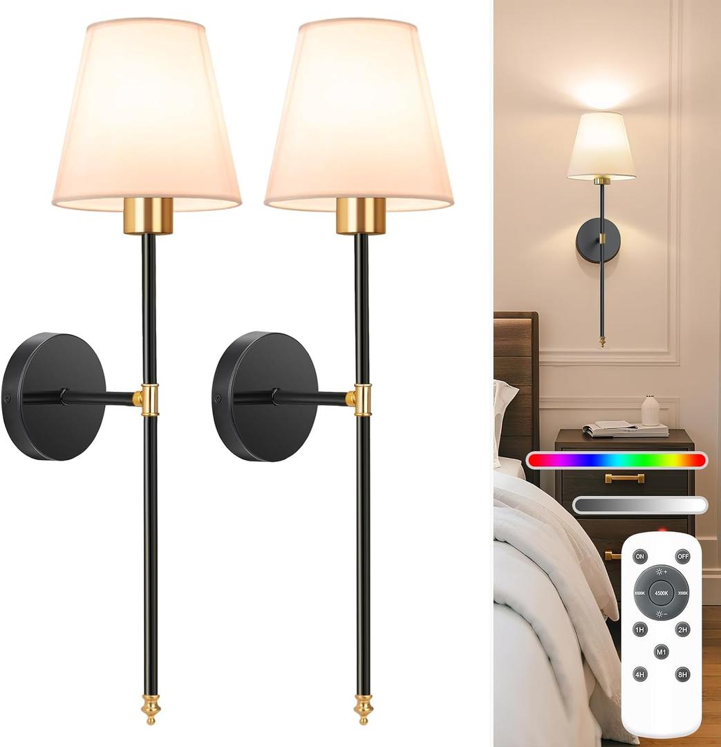 NIORSUN Battery Operated Wall Sconce Set of 2, Gold-Black Rechargeable Wall Lights with 5200mAh Dimmable Bulbs and Remote, 9 Colors Wireless Wall Lamps for Bedroom Living Room Hallway Decor