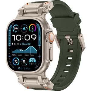 FULLIFE Designed for Apple Watch Band Apple Watch Ultra 3/2/1 49mm for Men, Silicone Rubber Bands with Metal Connector for Apple Watch Series 11/10 46mm, 9/8/7 45mm, SE2/SE 6/5/4 44mm, 3/2/1 42mm (Titanium Adapter-ArmyGreen)