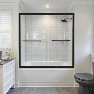 Shower Door 56-60" W x 60" H, Double Sliding Glass Door, Semi-Frameless Shower Doors with 1/4" (6mm) Thick SGCC Tempered Glass, Stainless Steel Handles, Matte Black