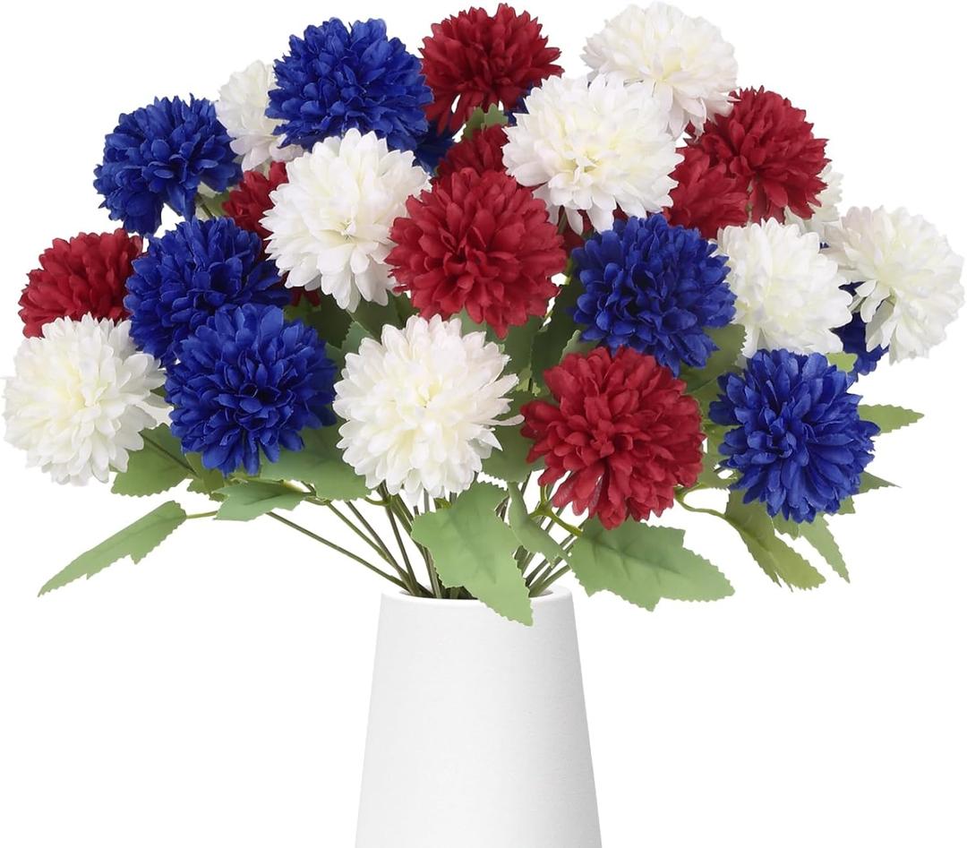 4 of July Decor Faux Chrysanthemums Artificial Flowers 27Heads Fake Silk Mums with Stem Balls Flower Patriotic Flower for Independence Day Memorial Day Home Decor Indoor Table (Red, White, Blue)
