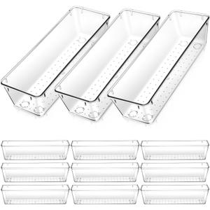 12 Pack Clear Drawer Organizers, Clear Organizer Bins for Drawers, Drawer Organizer Bins - 9 x 3 x 2.2 Inches PET Plastic Storage Trays for Kitchen, Bathroom, Office & Vanity