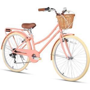 Glerc 20 24 26 Inch Beach Cruiser Bike, 6-Speed Hybrid City Bicycle for Girls Youth and Over 6 Years Old, Missy Bike with Wicker Basket & Lightweight