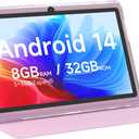 Android 14 Tablet 7 inch Tablets with Case, 8GB RAM 32GB ROM 1TB Expand, Quad-Core Processor Tablet PC, 1024 x 600 IPS Screen, Dual Camera, 3000mAh Battery, Bluetooth, WiFi, GMS, Widevine L1, Pink