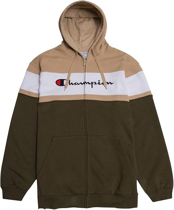 Champion Mens Big and Tall Full Zip Hoodie Classic Embroidered Logo (X-Large Tall, Heather Grey/Black/White)