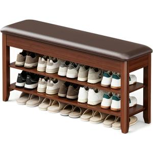 LBT Shoe Bench with Storage, Solid Rubberwood Shoe Rack Bench for Entryway, Adjustable 6.3" Shelf Fits High-Top Shoes & Boots, Hidden Storage Compartment, Cushion Seat, Stay-Open Hinge, Walnut, 39.4 inch