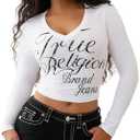True Religion Women's Crystal Branded Logo V-Neck Baby Tee – Long Sleeve T-Shirt. MEDIUM
