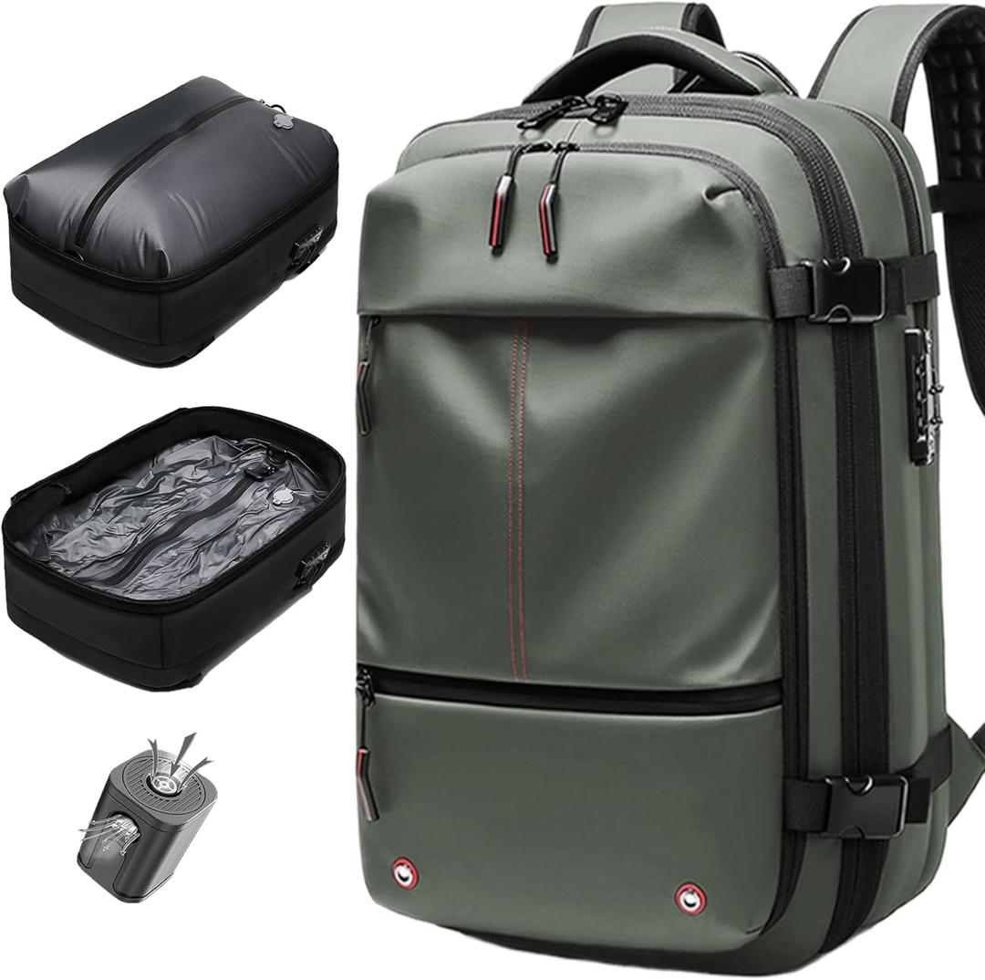 Vacuum Seal Backpack Travel 60L Expandable Air Compression System, Airback Vacpack Backpack TSA Lock Water Resistant Carry-On Luggage Green with Pump