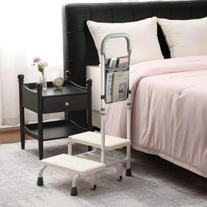 NOVII 2 Step Stool with Handle, Adjustable Bed Steps for High Beds for Adults, Step Stool with Wheels for Elderly, Portable Footstool for Bedroom, Kitchen, Bathroom (White with Bag)