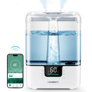 MORENTO Smart Humidifiers for Bedroom Large Room Home, 6L Cool Mist Top Fill Humidifier with Essential Oil Diffuser, Smart App & Voice Control, for Nursery & Plants, White, 1 Pack + 7 Color NightLight  