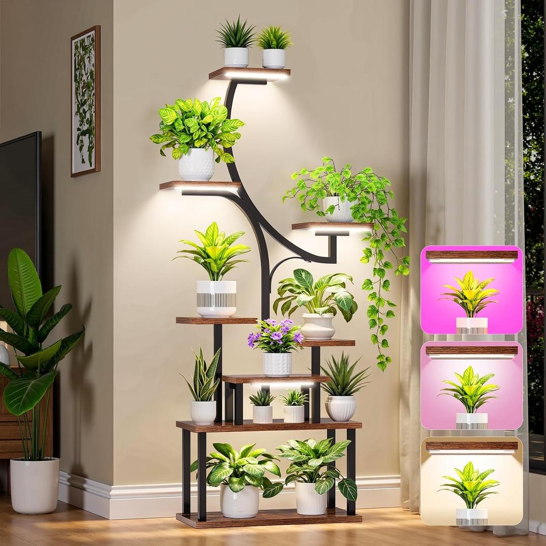 softeen Plant Stand Indoor with 4 Grow Lights & 3 Colors, 8 Tiered Corner Plant Shelf, 63" Tall Plant Stands for Indoor Plants Multiple, Metal Flower Display Shelves Holder for Home(Dark)