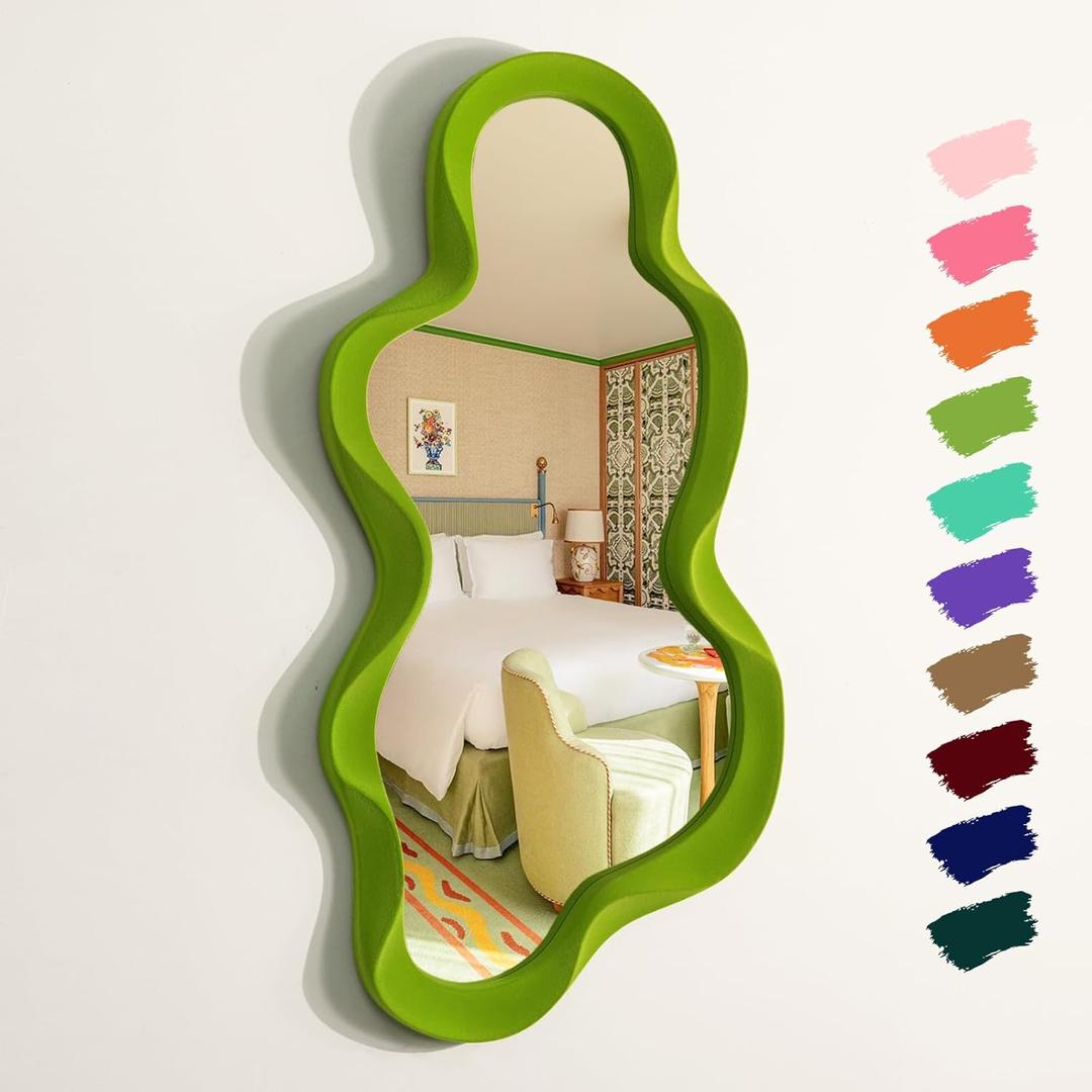 Green Wall Mirror Decor for Hallway Entryway, Large 13.8x29.7 Asymmetrical Decorative Mirrors for Home Office Living Room, Funky Home Decor for Housewarming Christmas Wedding Gift (Lawn Green)