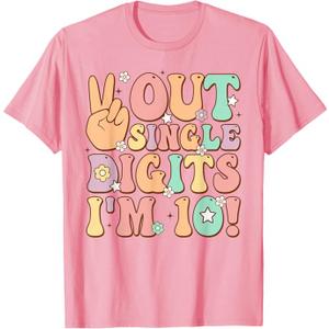 Peace Out Single Digits I'm 10 Groovy Retro 10th Birthday T-Shirt XS Pink