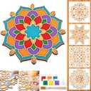 Weekgrat 11.8 Inch Diwali Rangoli Mats Mandala Sand Art Set Include 4 Pcs 6" Painting Stencils Wooden Coloring Mat Stencils for Diwali Rangoli Festivals Home Decor (Nature,Stylish Mandala)