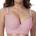 JishinGal Womens Push Up Bra Full Coverage Seamless Underwire Hide Back Fat, Wide Straps, Smooth Uplift T-Shirt Bra (36B, Pink)