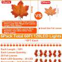 TURNMEON 6 Pack Thanksgiving Decorations Enlarged Maple Leaf Thanksgiving Decor Fall Lights Thick Leaf Garlands, Total 60Ft/120LED Lights Battery Operated Waterproof Halloween Fall Decor Home