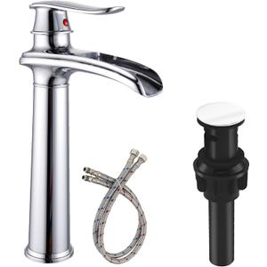Chrome Bathroom Vessel Sink Faucet, Waterfall Bathroom Faucet, Tall Bathroom Faucet, 1 Hole Single Handle Vessel Faucet Bowl Sink with Pop Up Drain Combo Mixer Tap Commercial Vanity