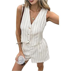 Milumia Women's Summer 2 Piece Linen Sets Striped Button Down Vest and Shorts Set Apricot, Size: Large