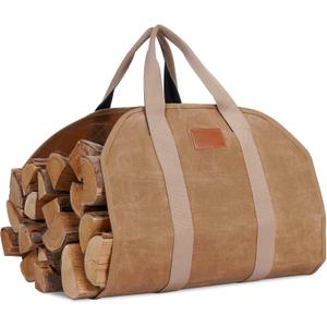 Firewood Log Carrier, Firewood Waxed Canvas Tote Bag with Handles, Heavy Duty Firewood Holder Fireplace Wood Stove Accessories for Camping,BBQ Indoor & Outdoor (Khaki)