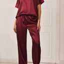 Ekouaer Satin Pajama Set Womens Silk Short Sleeve V Neck Shirt with Long Pant Soft Loungewear Pjs Set (Red, XXL)