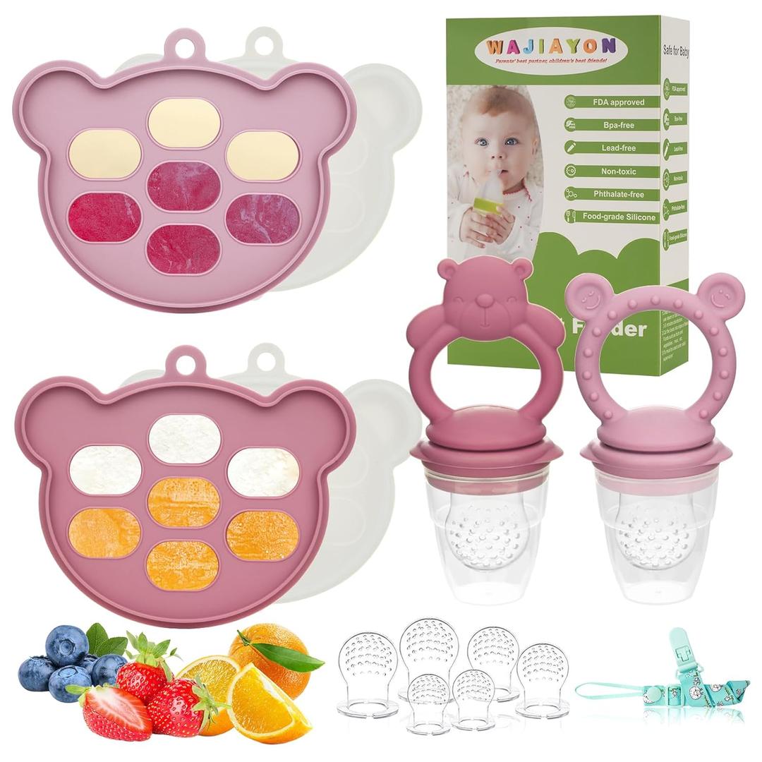 Baby Breastmilk Popsicle Molds & Baby Fruit Feeder (6 Pack), WAJIAYON Infant Food Freezer Tray Storage Containers, Silicone Teething Pacifier Feeder and Teether for Babies (3-Pink)