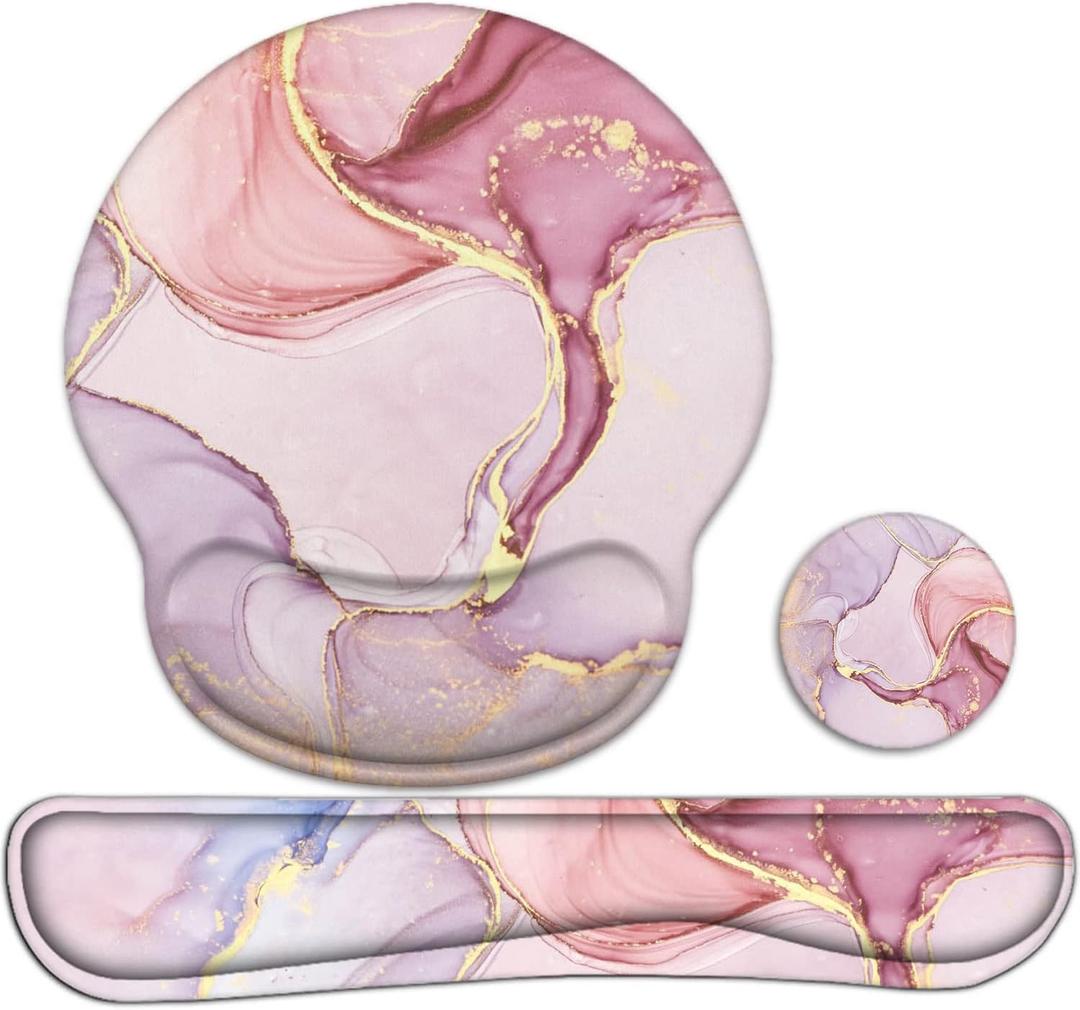 LATEEFAH Mouse Pad with Wrist Rest, 3-in-1 Gaming Mouse Pad, Keyboard Wrist Rest, Ergonomic Memory Foam Mousepad with Wrist Support for Computer Keyboard (Pink Marble)