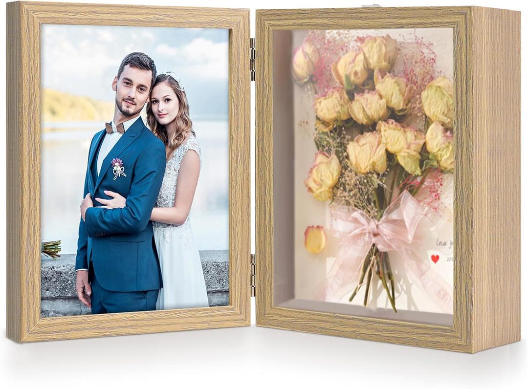 ZEEYUAN 5x7 Shadow Box Picture Frame Double Hinged Display Case, 5x7 Couples Picture Frame Shadow Box Glass Front Stand Vertical Tabletop, Mothers Day Christmas Valentines Aniversary Gifts for Women