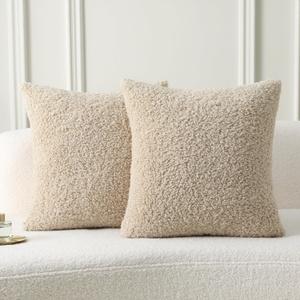 FUTEI Beige Throw Pillow Covers 18x18 Inch Set of 2,Furry Faux Fur Teddy Boucle Textured Cushion Covers,Soft Fluffy Decorative Pillow Case,Home Decor for Couch Bed Living Room Office Car