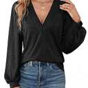 Agnes Urban Womens V Neck Long Sleeve Tops Dressy Casual Fall Shirts Puff Sleeve Loose Tunic Trendy Tops Blouses Black M