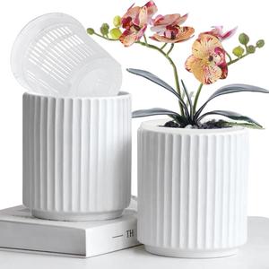 MUZHI Double Layer White Ceramic Orchid Planter with Saucer, Orchid Pots with Holes 4.6" Set of 2, Modern Minimal Cylinder Striped Plant Pot with Drainage 4.6 (White)