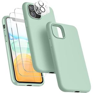 [5 in 1 for iPhone 11 Case 6.1 inch, with 2 Pack Screen Protector + 2 Pack Camera Lens Protector, Liquid Silicone Slim Shockproof Protective Phone Case [Microfiber Lining] (Mint Green)