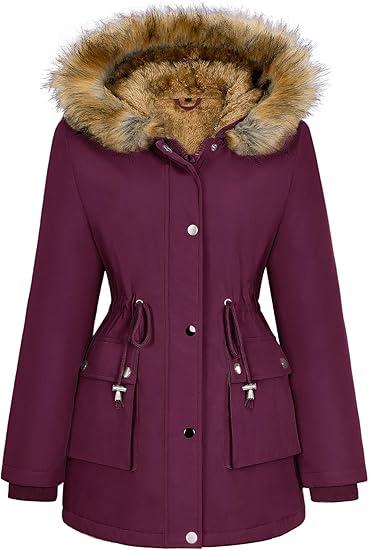 HEEKPEK Women Winter Coats Fleece Lined Parka Jackets Hooded Warm Thicken Coat With Pockets and Fur Hood Trendy Overcoat (RedWine ,L)