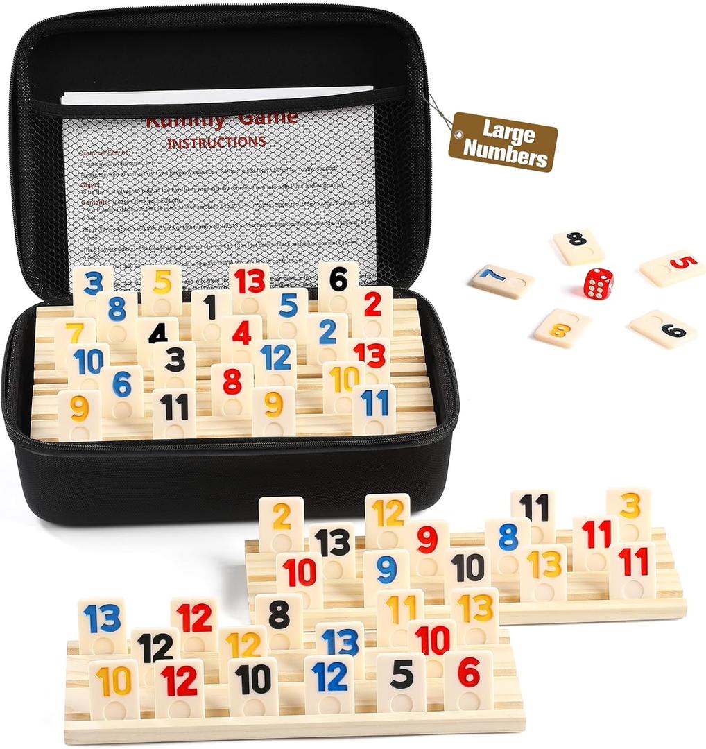 Rummy Cube Game with Case and 4 Wooden Racks/Trays, 106 Rummy Tiles Game Sets Classic Travel Board Game Sets with 4 Tiles Holders for Family