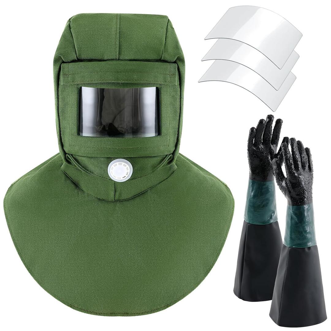 5 Pcs Shawl Cap Sandblasting Mask Set 1 Sand Blasting Hood Cap with 23.6" Blast Gloves and 3 Sandblasting Hood Replacement Lens Glass for Polishing Painting Dusting Grinding Abrasive Cabinet (Green)
