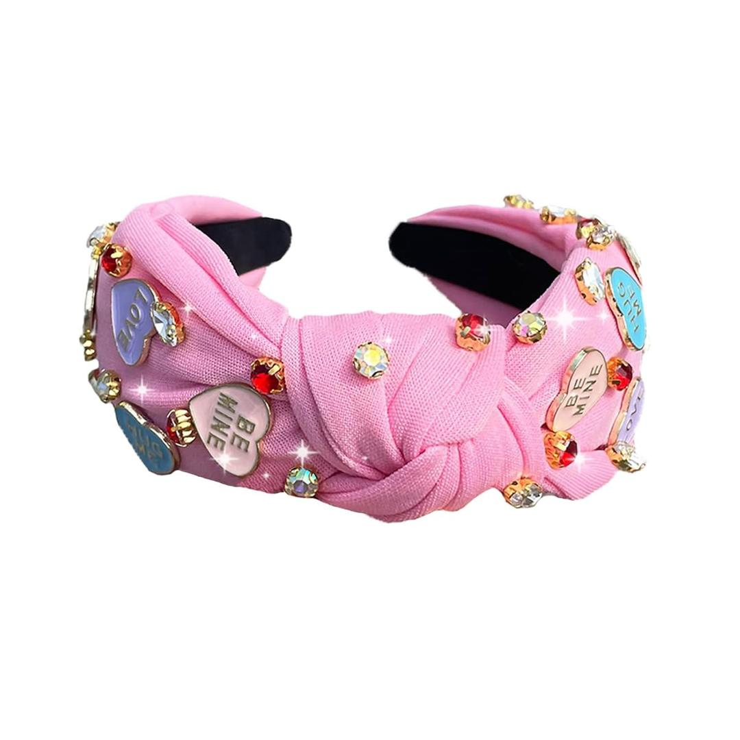 Valentine's Headbands for Women, Valentine's Day Headband, Heart Pink Heart Rhinestone Knotted Headband, Valentine's Sparkly Wide Hairband, Cute Valentine Gifts for Teachers, Girls, Birthday & Party